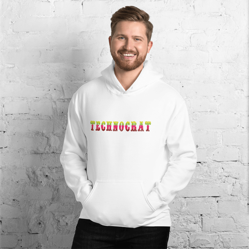 A white hoodie with western-styled text saying 'Technocrat' in technicolor.